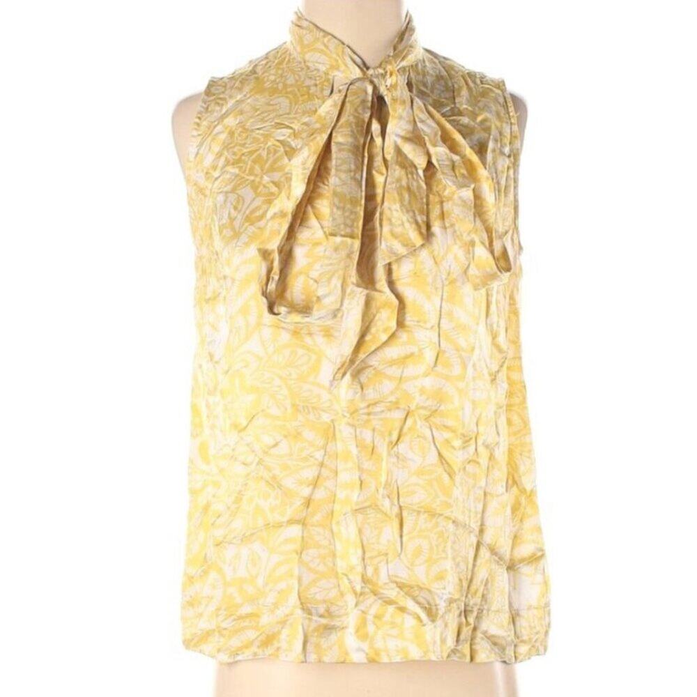 CAbi Blouse Sleeveless Silk Tie Front Top Lightweight Yellow Leaves Size Small